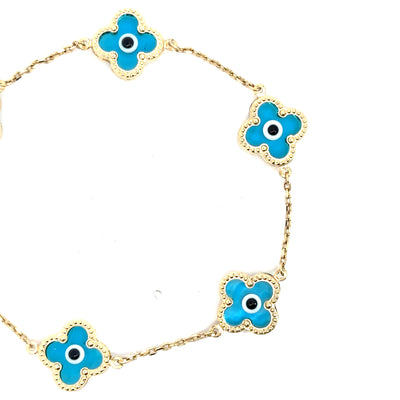 14k Blue Evil Eye Clover Pendant Bracelet for Protection and Style