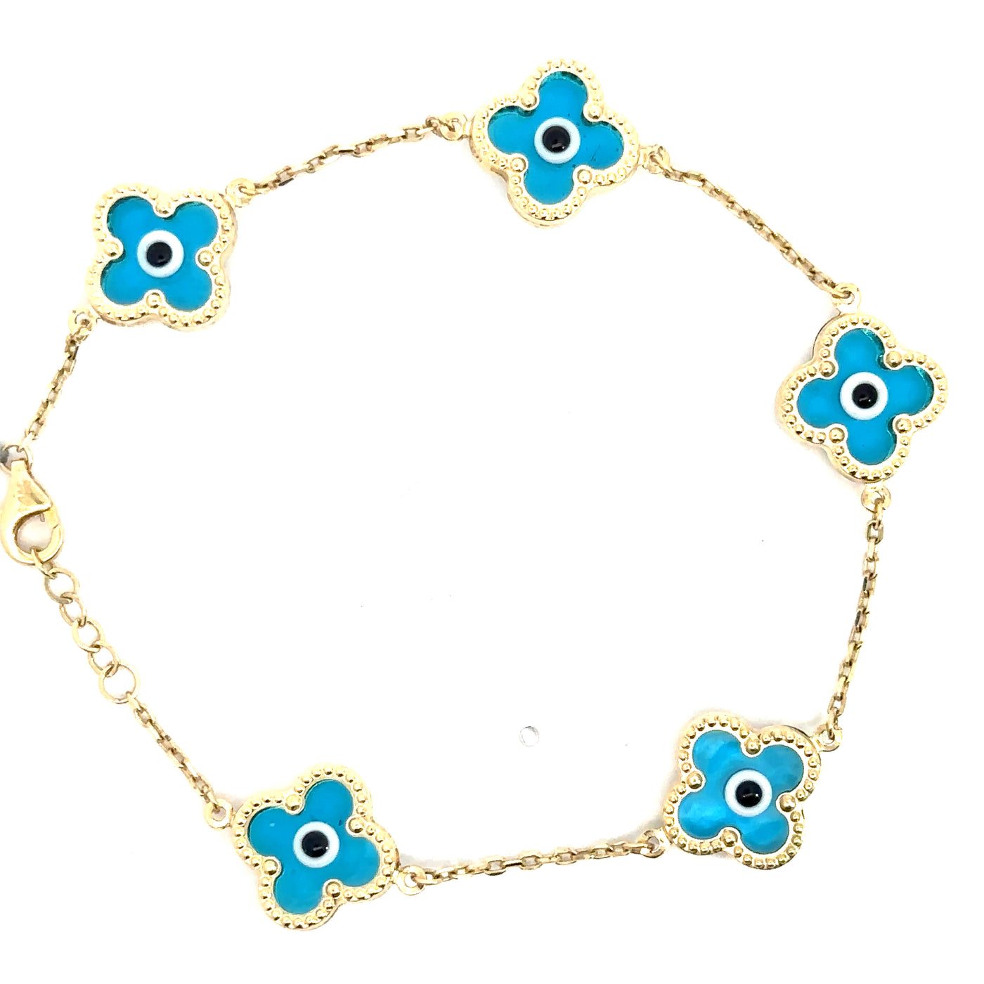 14k Blue Evil Eye Clover Pendant Bracelet for Protection and Style