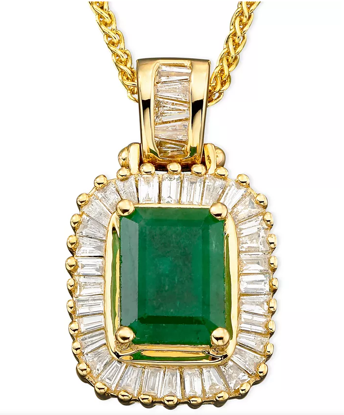 Pendant 14K Emerald1.5ct Bezel Diamonds Baguettes