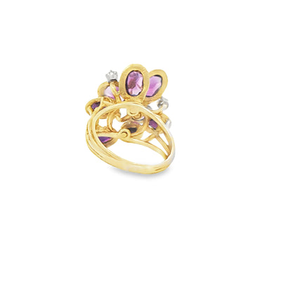 14 KARAT FASHION RING: NATURAL AMATHYST DIAMOND FLOWER