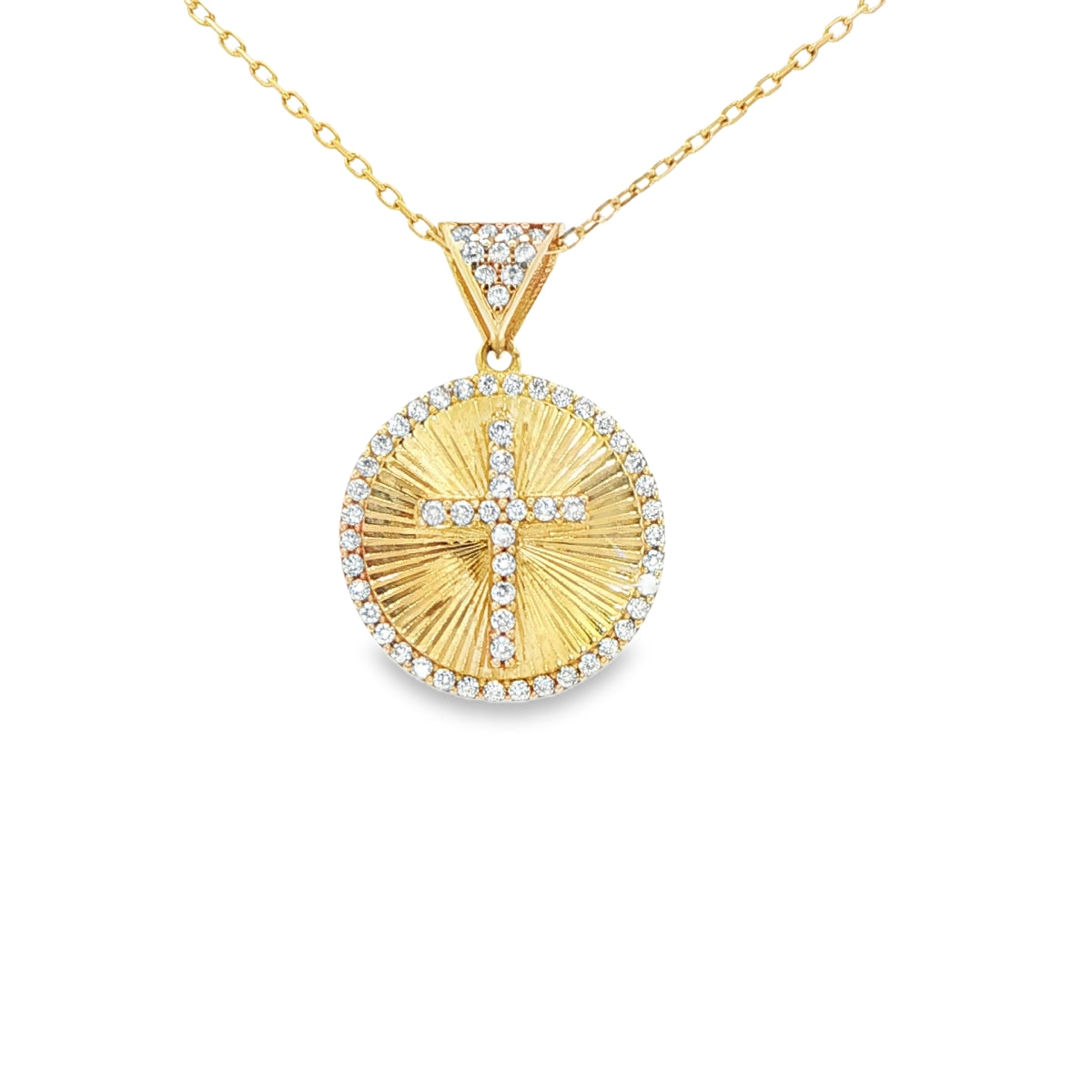 14KP MEDALLION CZ CROSS ROUND BURST