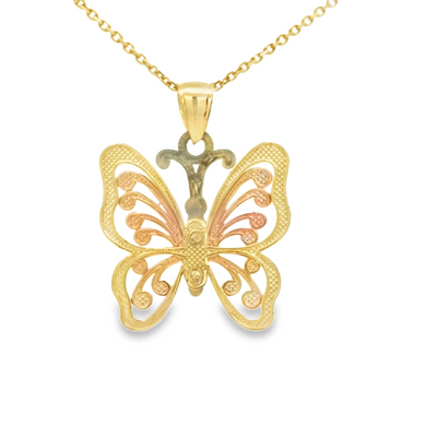 PENDANT 14KP 2.9G BUTTERFLY 3TONE SATIN FINISH