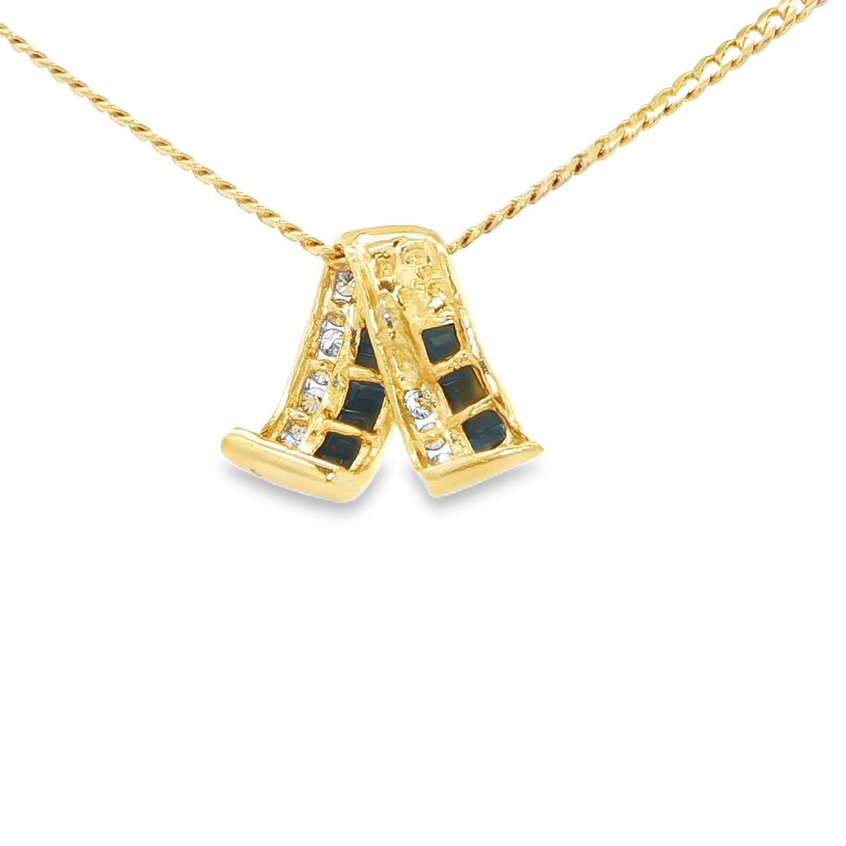 10K PENDANT NATURAL SAPHIRE BAGUETTES AND ROUND DIAMONDS