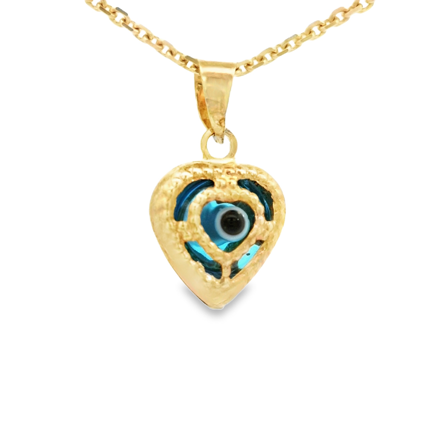 PENDANT 14K EVIL EYE HEART BLUE MILIGRAIN