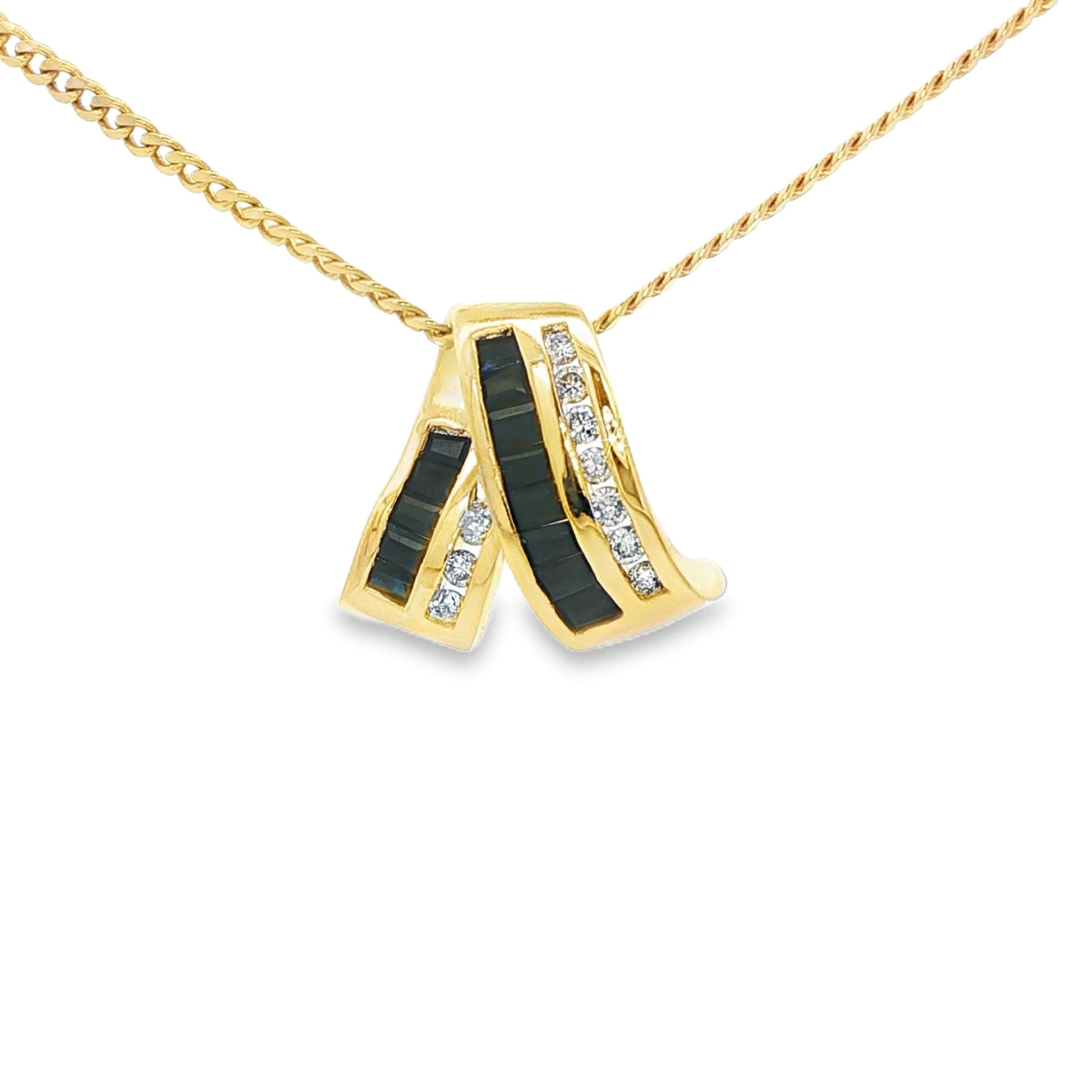10K PENDANT NATURAL SAPHIRE BAGUETTES AND ROUND DIAMONDS