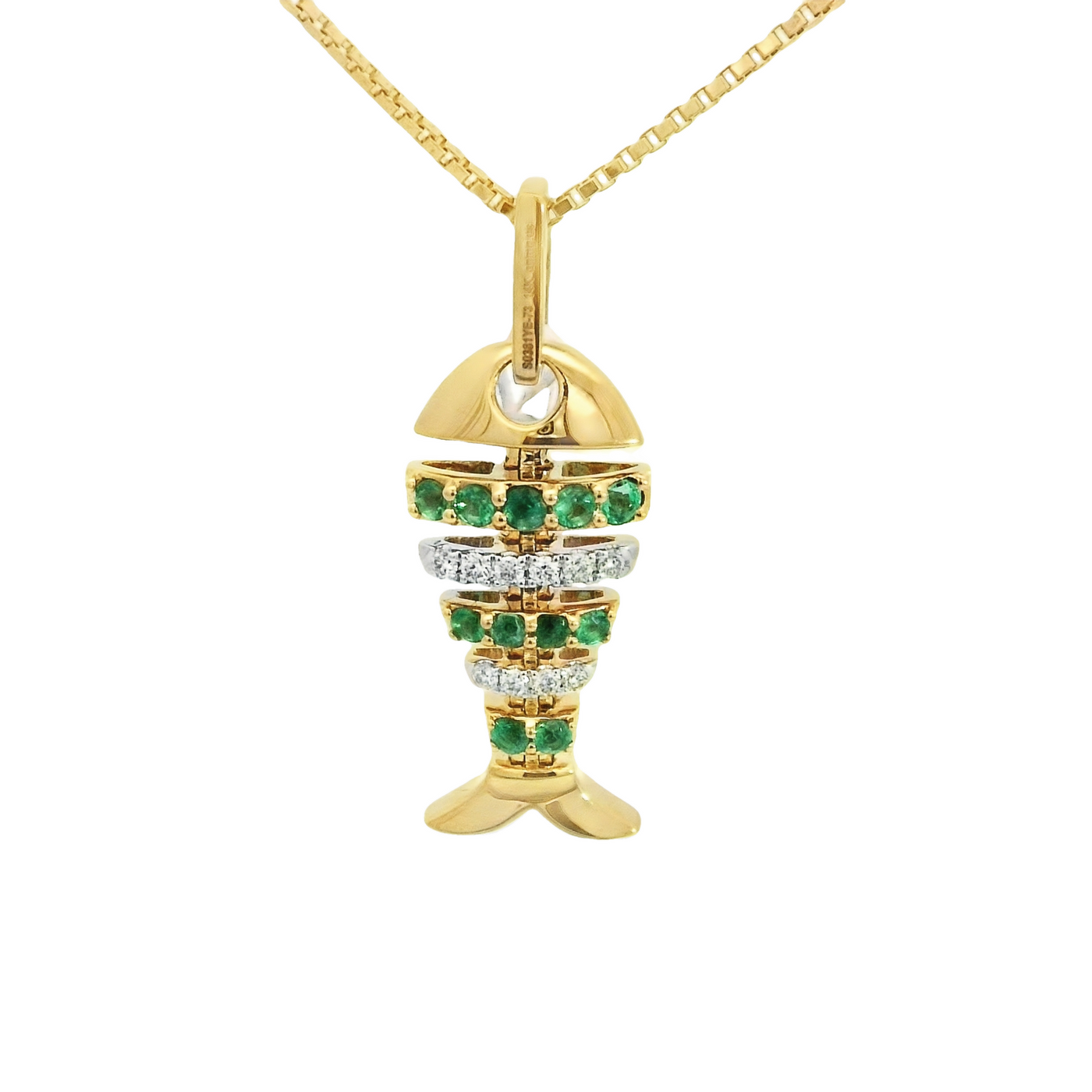 14K PENDENT  2.8 DIAMOND/EMERALD D0.10 EM0.25 FISH