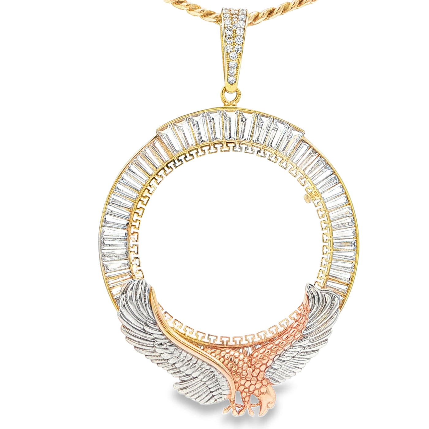 14KP COIN BEZEL CZ EAGLE BAGUETTES ROUND CZ