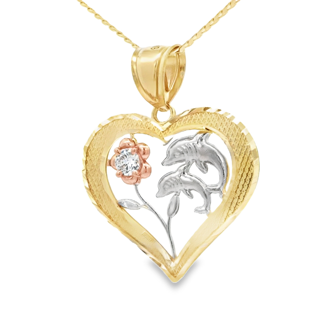 14K PENDANT  2.8G DOLPHIN CZ FLOWER HEART SATIN FI