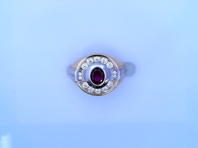 RING 14KR 7.4G ROUND #10 CZ RED OVAL 2TONE SHANK