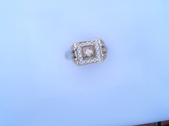 RING 14KR 9.9G MEN SQ #10 CZ 2TONE SQ RND CENTER