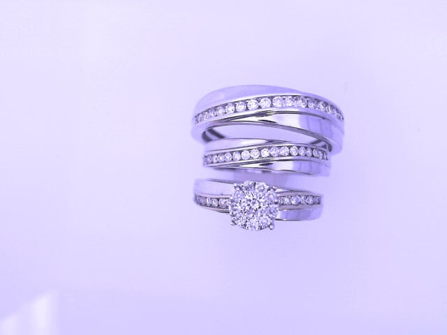 RINGS 14K WHITE M#10 W#7  WEDDING ENGAGEMENT TRIO