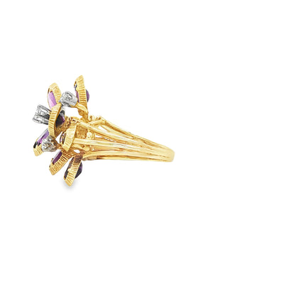 14 KARAT FASHION RING: NATURAL AMATHYST DIAMOND FLOWER