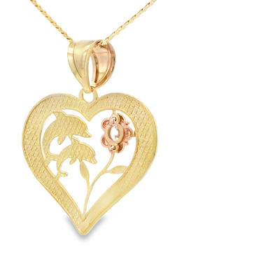 14K PENDANT  2.8G DOLPHIN CZ FLOWER HEART SATIN FI