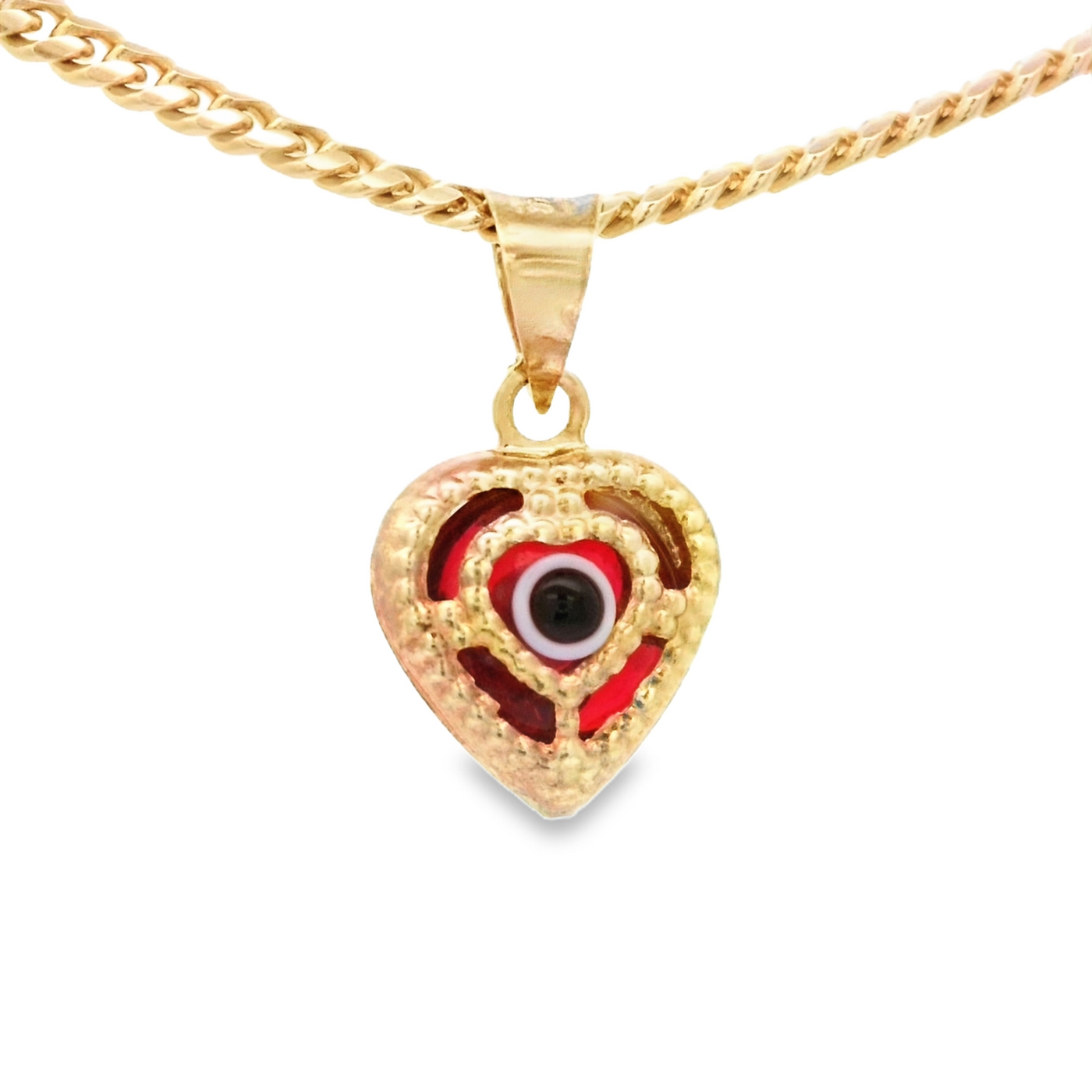 PENDANT 14K EVIL EYE HEART RED MILIGRAIN