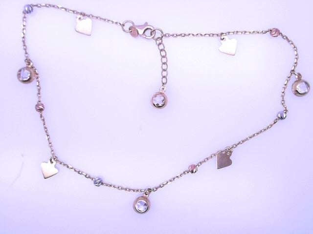 14KB Ankle Cz Bean 4.1g Heart 10'' TriGold