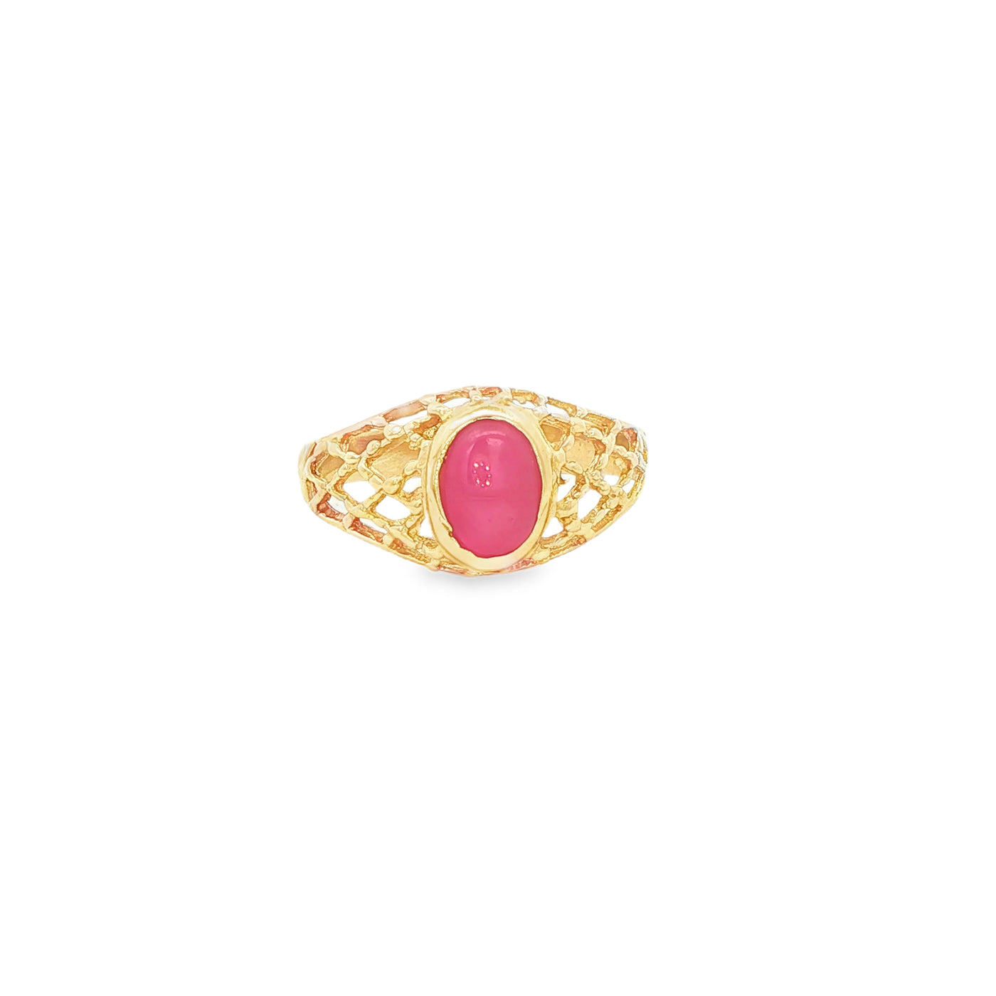 14 KARAT RING SIZE 7 WEIGHT: 2.3G : RED OVAL CENTE