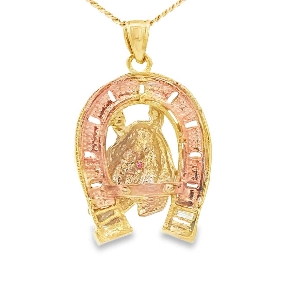 PENDANT 14KP 8.6G HORSESHOE CZ 3TONE