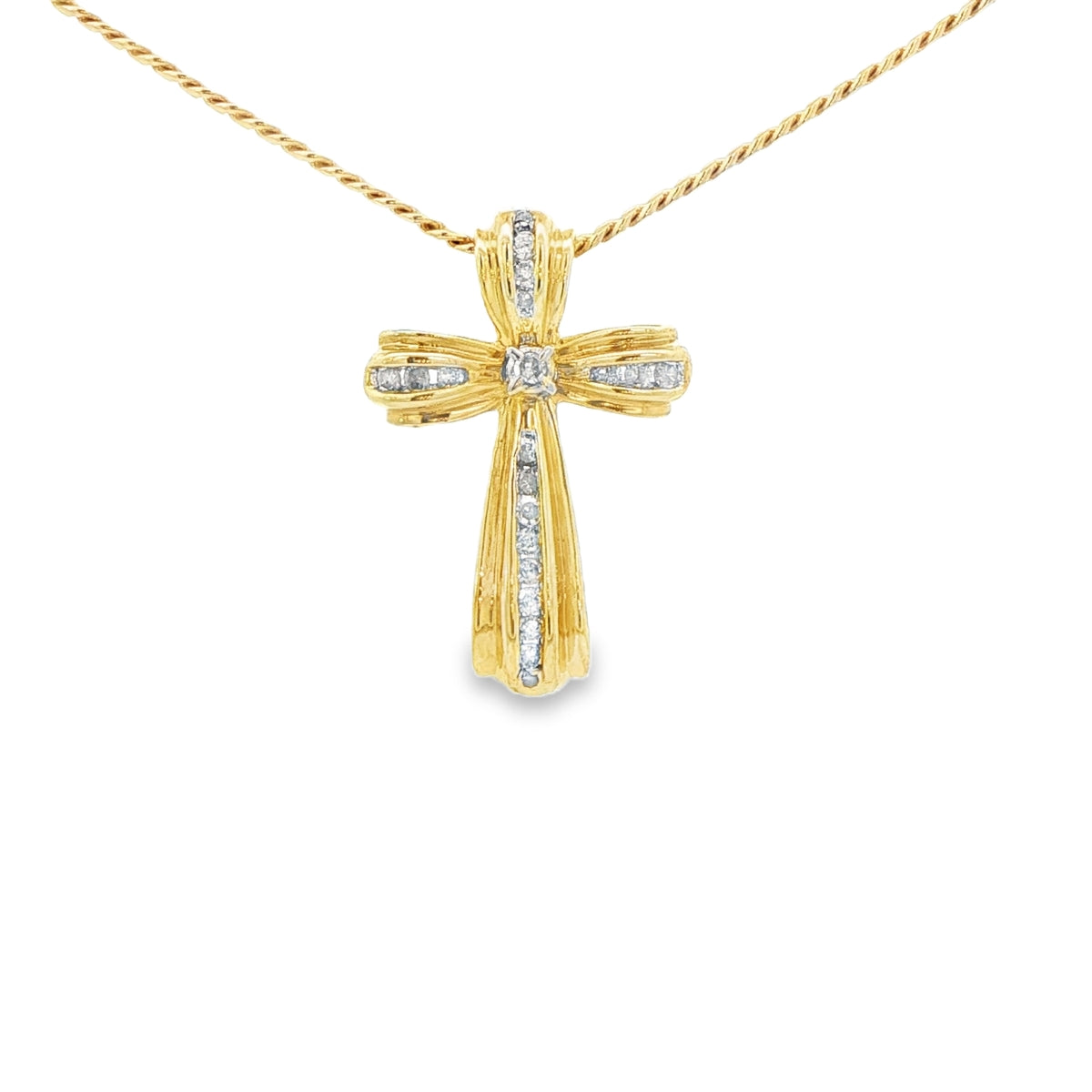 14 KARAT PENDANT  NATURAL DIAMOND CROSS RIBBON STYLE