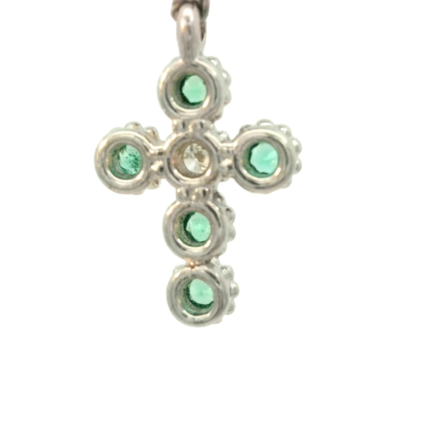 18K White Gold Cross Pendant - Natural Emeralds