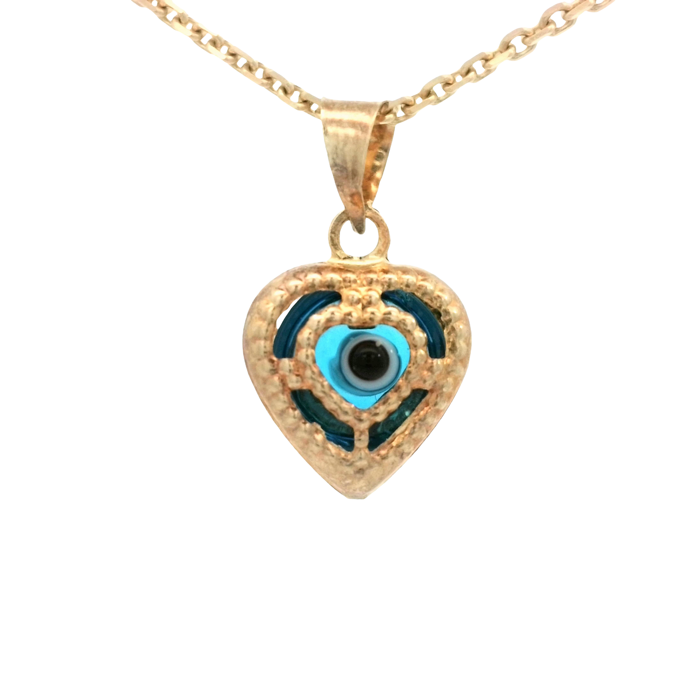 PENDANT 14K EVIL EYE HEART BLUE MILIGRAIN