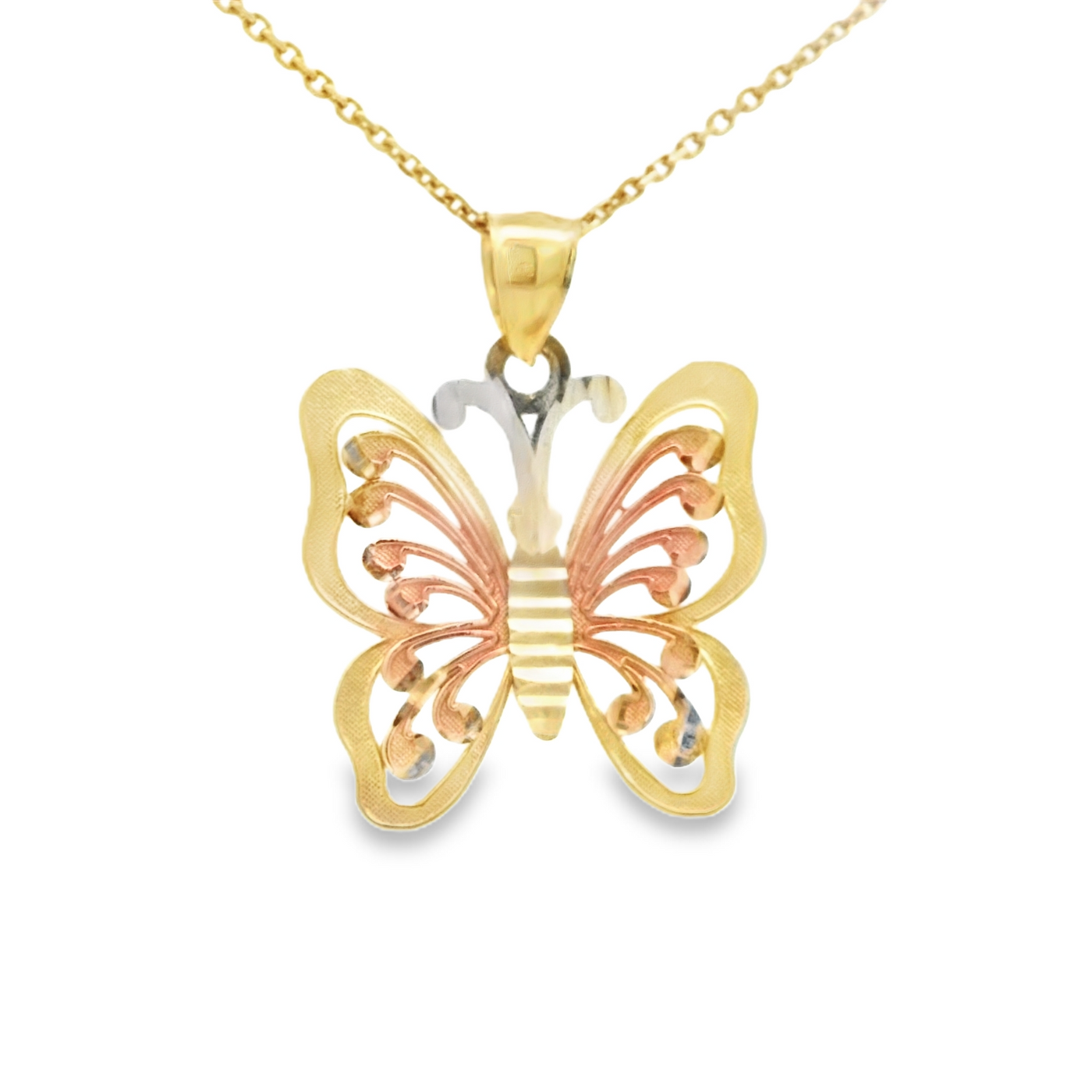 PENDANT 14KP 2.9G BUTTERFLY 3TONE SATIN FINISH