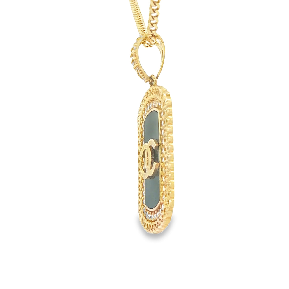 14K PENDENT 3.6G STYLE CHANEL PLAQUE CZ ONYX CUBAN
