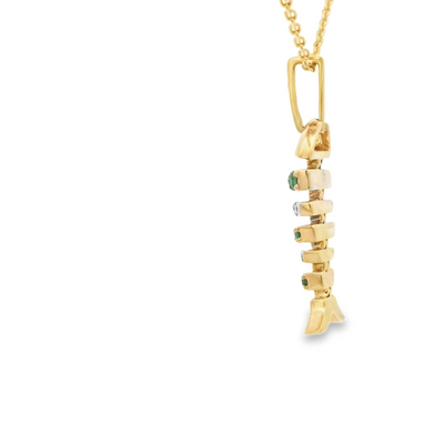 14K PENDENT  2.8 DIAMOND/EMERALD D0.10 EM0.25 FISH