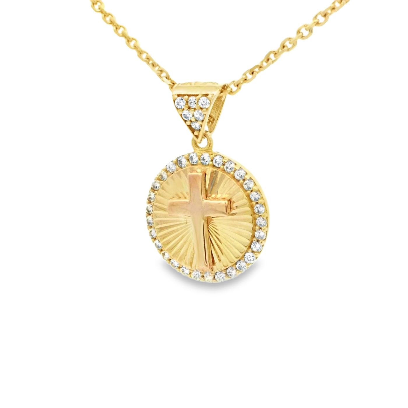 PENDANT 14KP MEDALLION CZ CROSS ROUND BURST