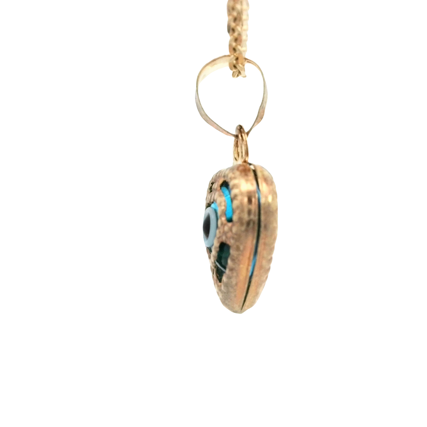 PENDANT 14K EVIL EYE HEART BLUE MILIGRAIN