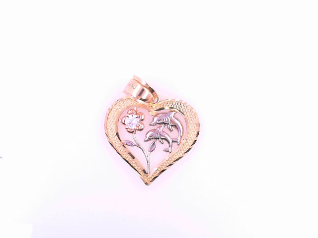 14K PENDANT  2.8G DOLPHIN CZ FLOWER HEART SATIN FI