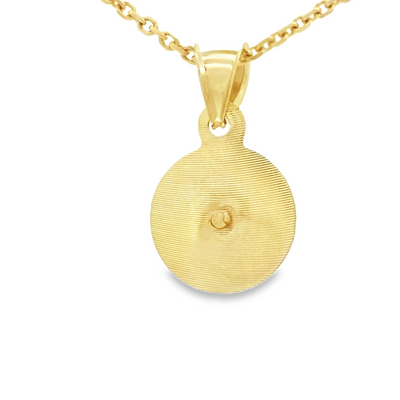 14 KARAT CHARM 
TRI COLOR BAPTISM SMALL ROUND PENDANT