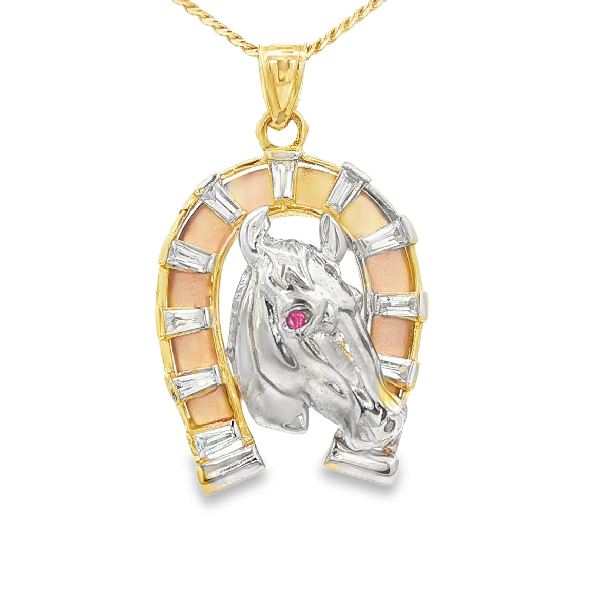 PENDANT 14KP 8.6G HORSESHOE CZ 3TONE