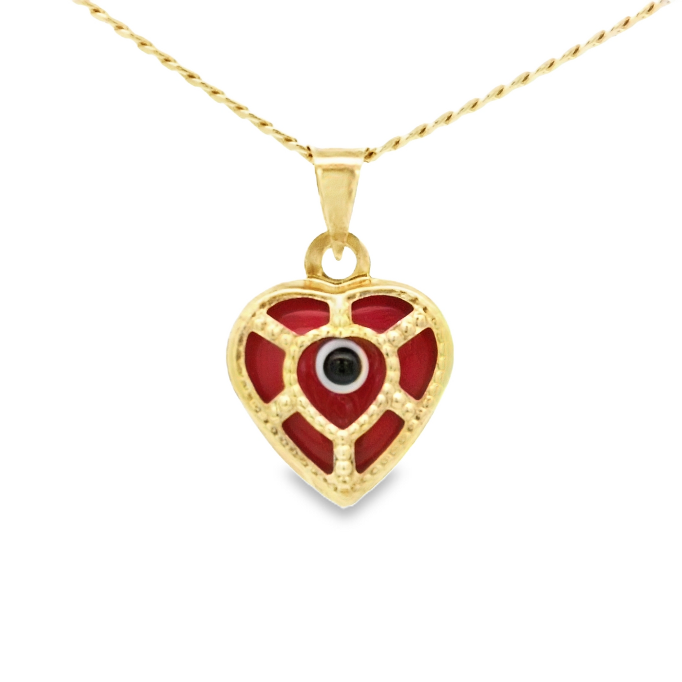 PENDANT 14K EVIL EYE HEART RED MILIGRAIN
