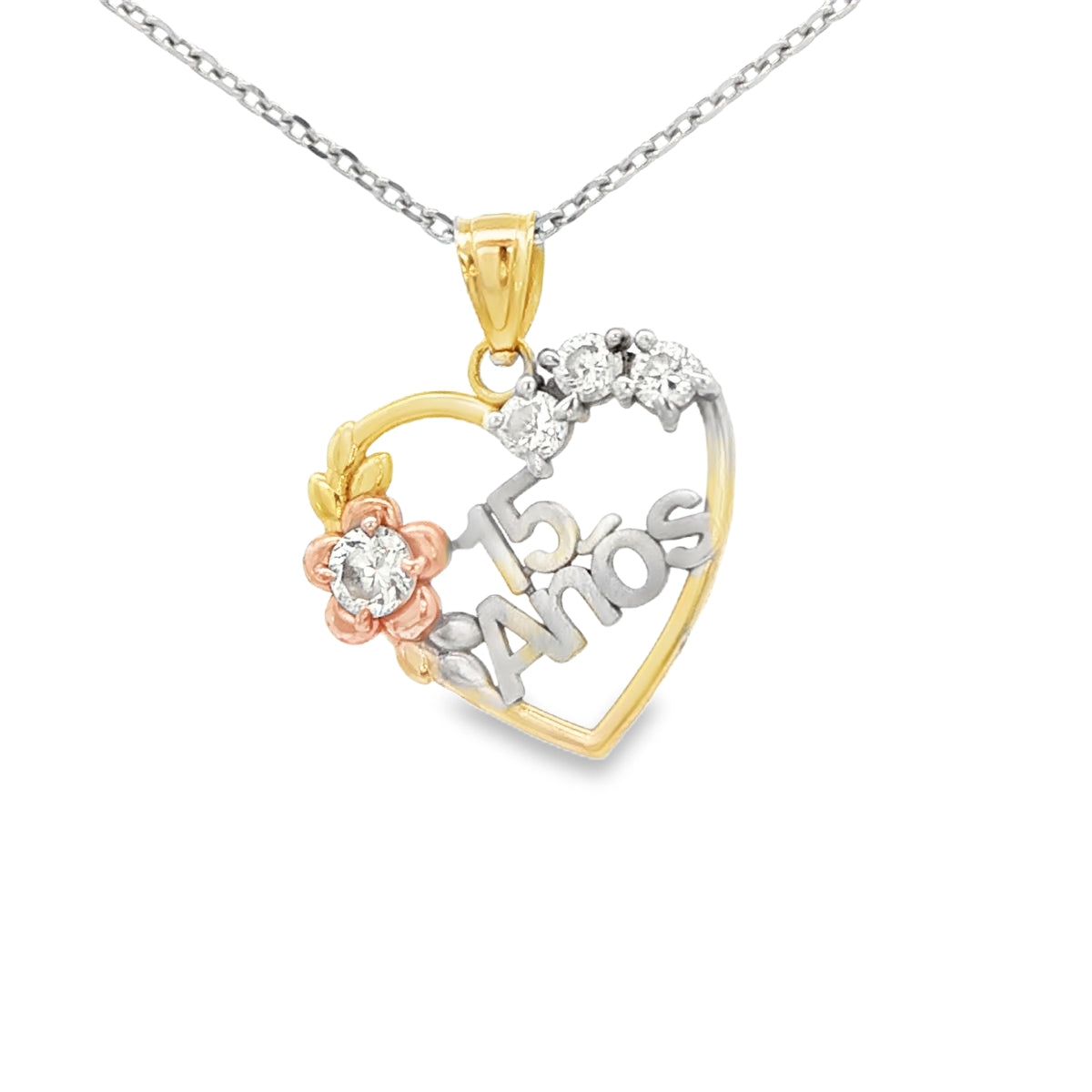 14 KARAT CHARM CZ HEART 15 ANOS SWEET 15 THREE TONE