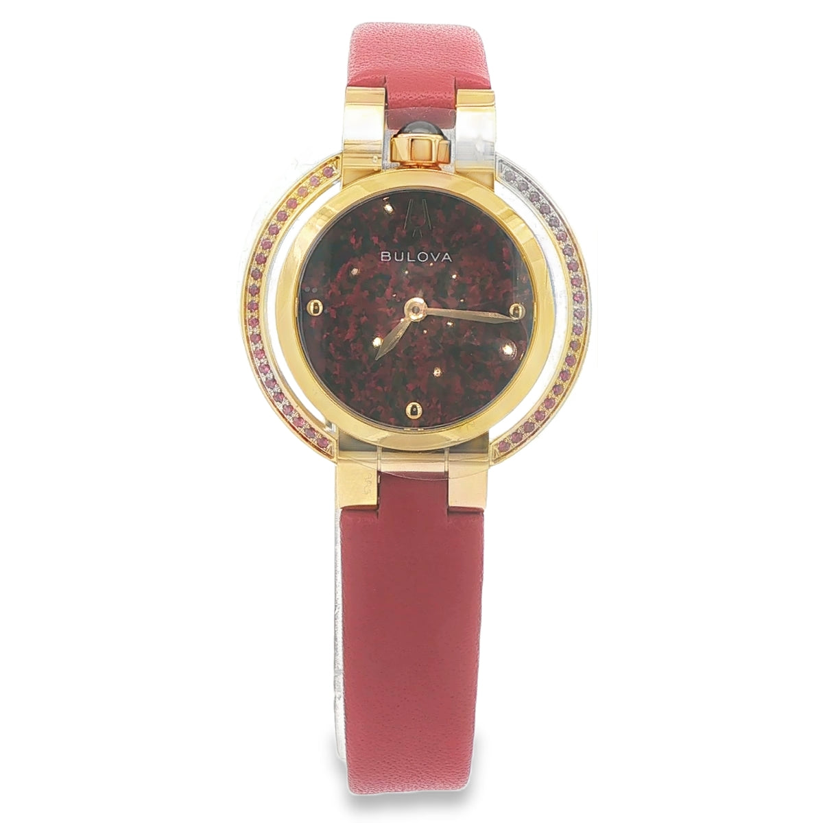 RED STONE BEZEL RED CHIPS FACE BULOVA WATCH