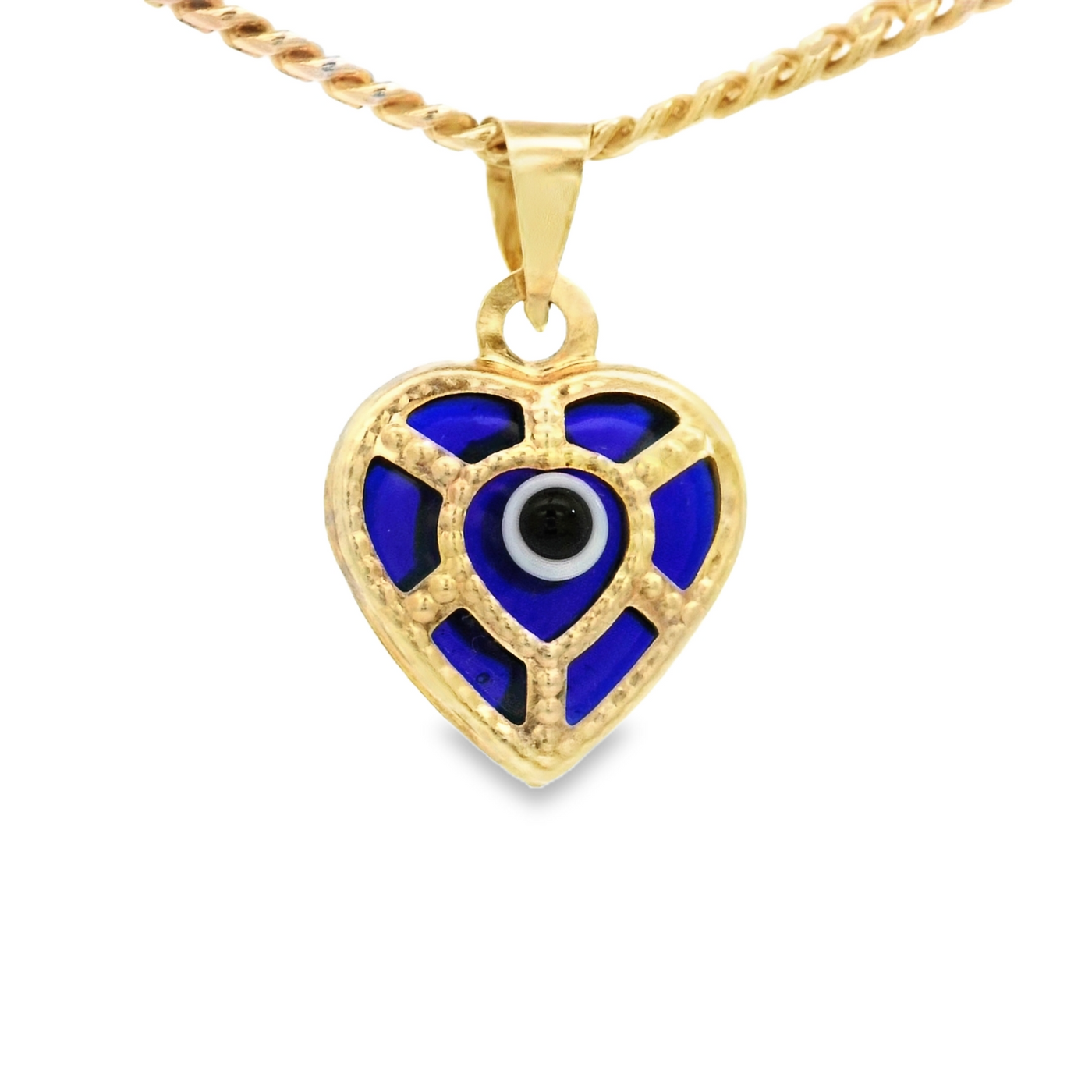PENDANT 14K EVIL EYE HEART BLUE MILIGRAIN