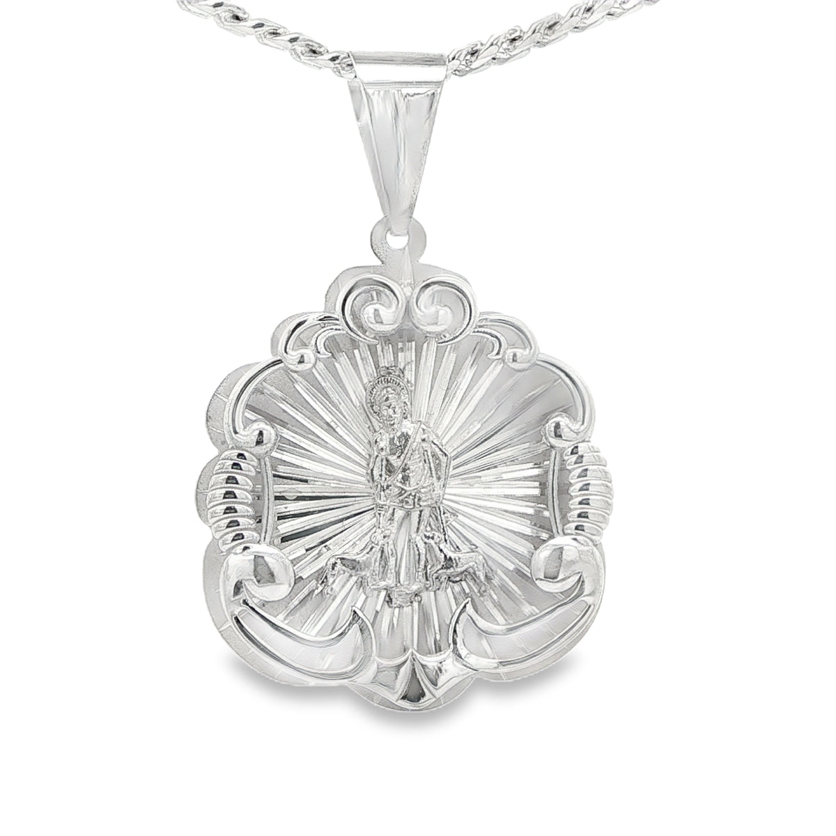 STERLING SILVER CHARM SAN LAZARO SCROLL BORDER SUNBURST BACK