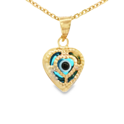 PENDANT 14K EVIL EYE HEART BLUE MILIGRAIN