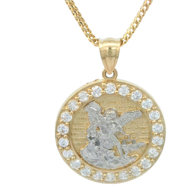 ST MICHAEL ROUND 2TONE PENDANT 14 KARAT WEIGHT: 4.8 CZ