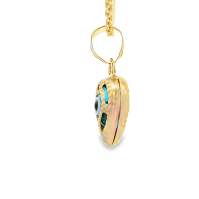PENDANT 14K EVIL EYE HEART BLUE MILIGRAIN