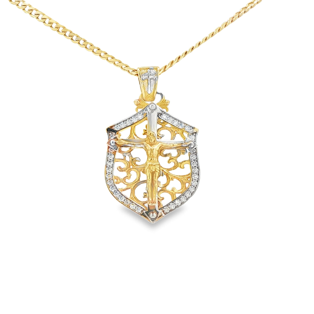 PENDANT 14K 3.6G JESUS CZ JESUS ON CROSS SHIELD