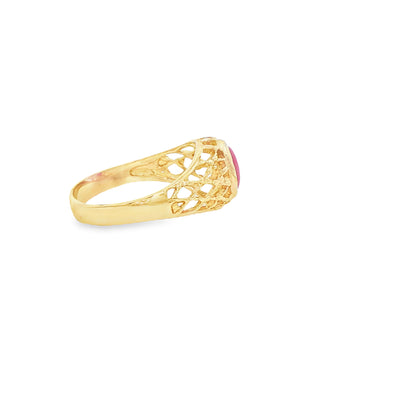 14 KARAT RING SIZE 7 WEIGHT: 2.3G : RED OVAL CENTE