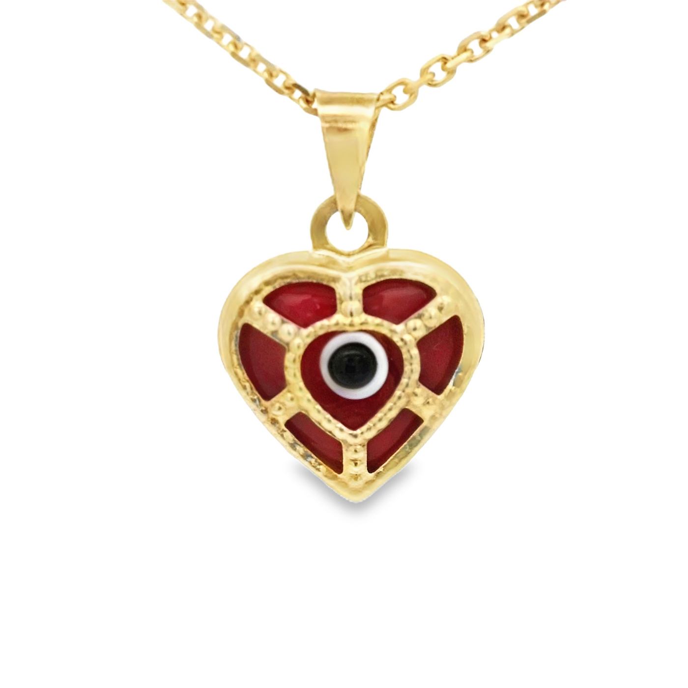PENDANT 14K EVIL EYE HEART RED MILIGRAIN