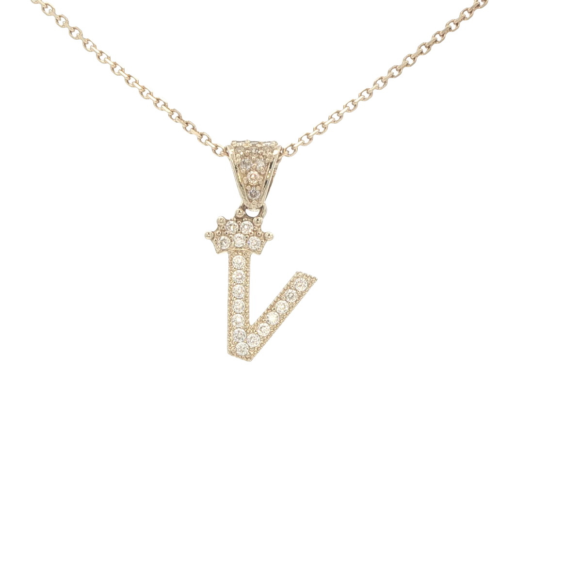 14 KARAT CHARM CZ LETTER V WITH CROWN