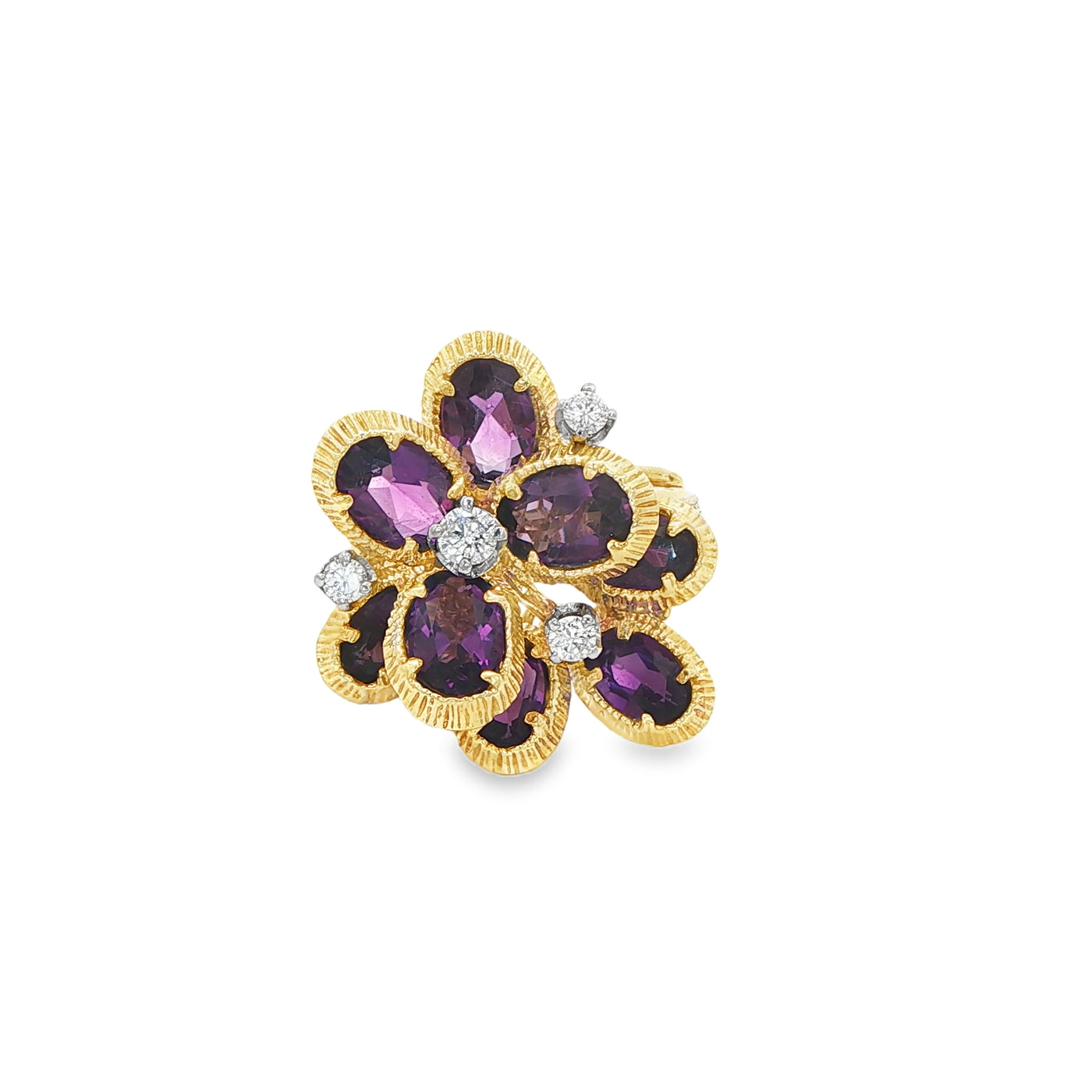 14 KARAT FASHION RING: NATURAL AMATHYST DIAMOND FLOWER