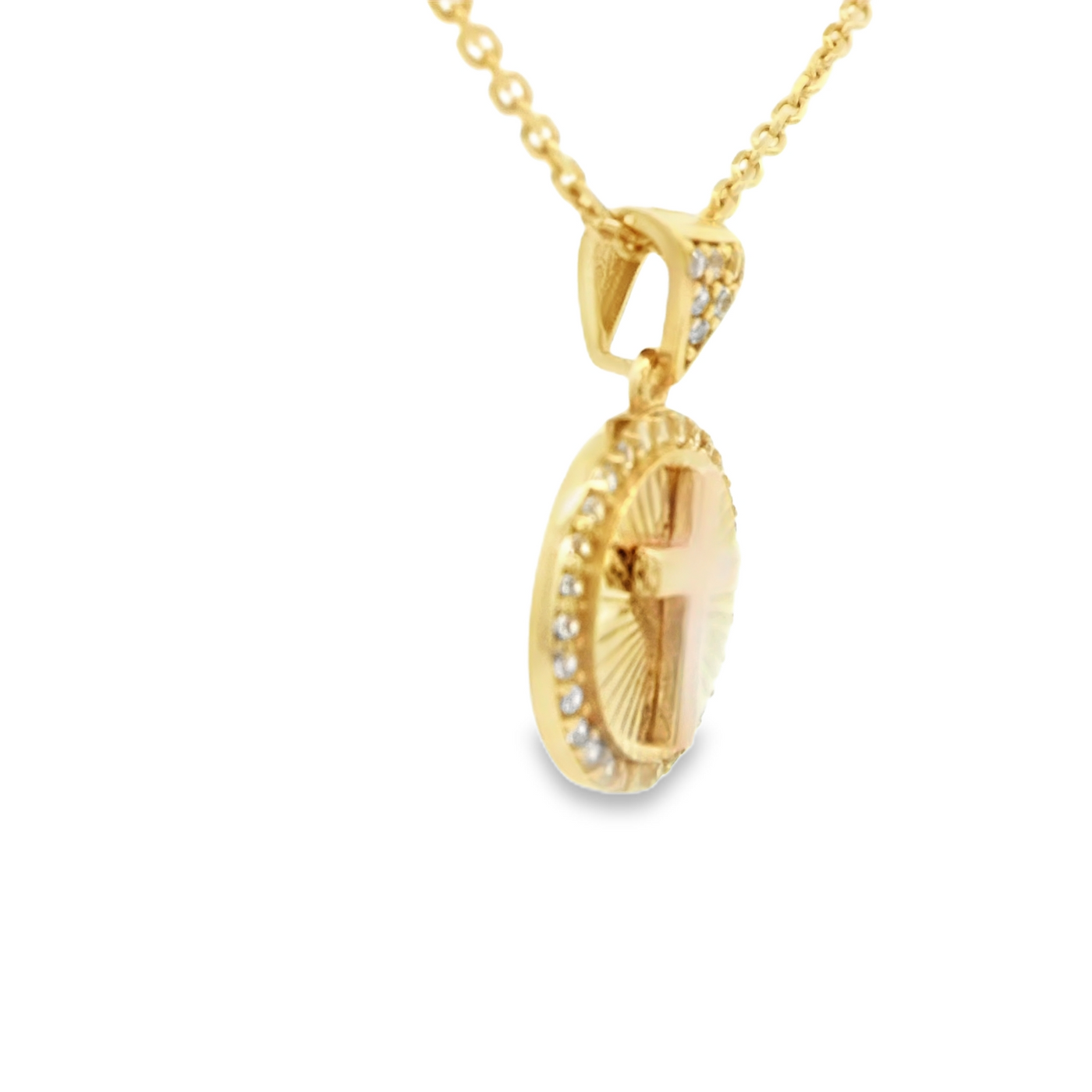 PENDANT 14KP MEDALLION CZ CROSS ROUND BURST