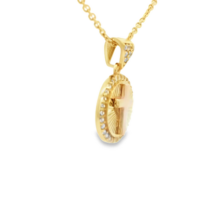 PENDANT 14KP MEDALLION CZ CROSS ROUND BURST