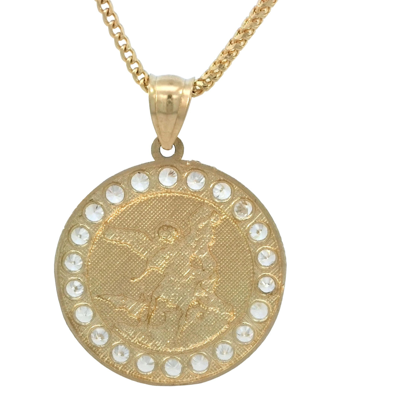 ST MICHAEL ROUND 2TONE PENDANT 14 KARAT WEIGHT: 4.8 CZ