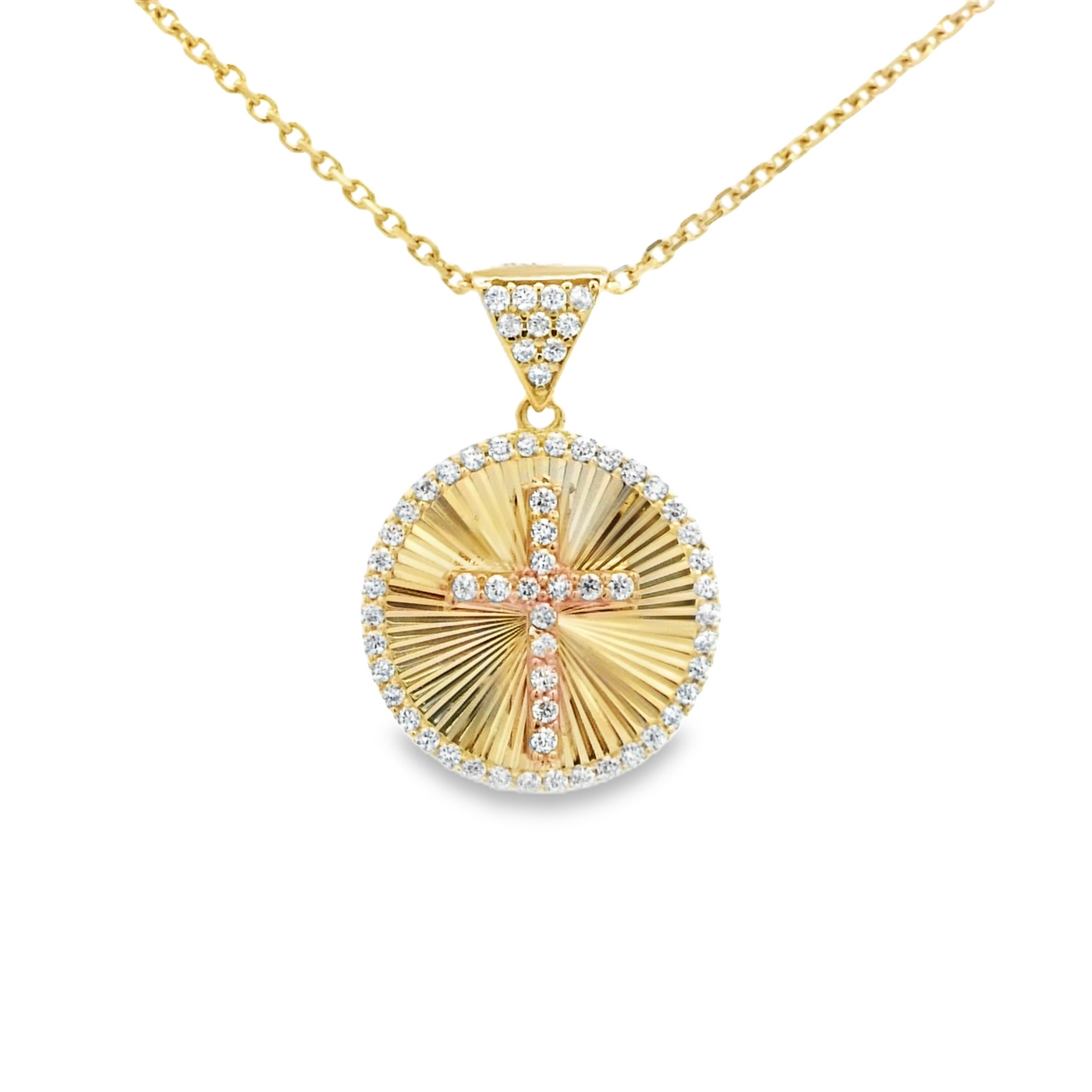14K PENDENT MEDALLION CZ CROSS ROUND BURST