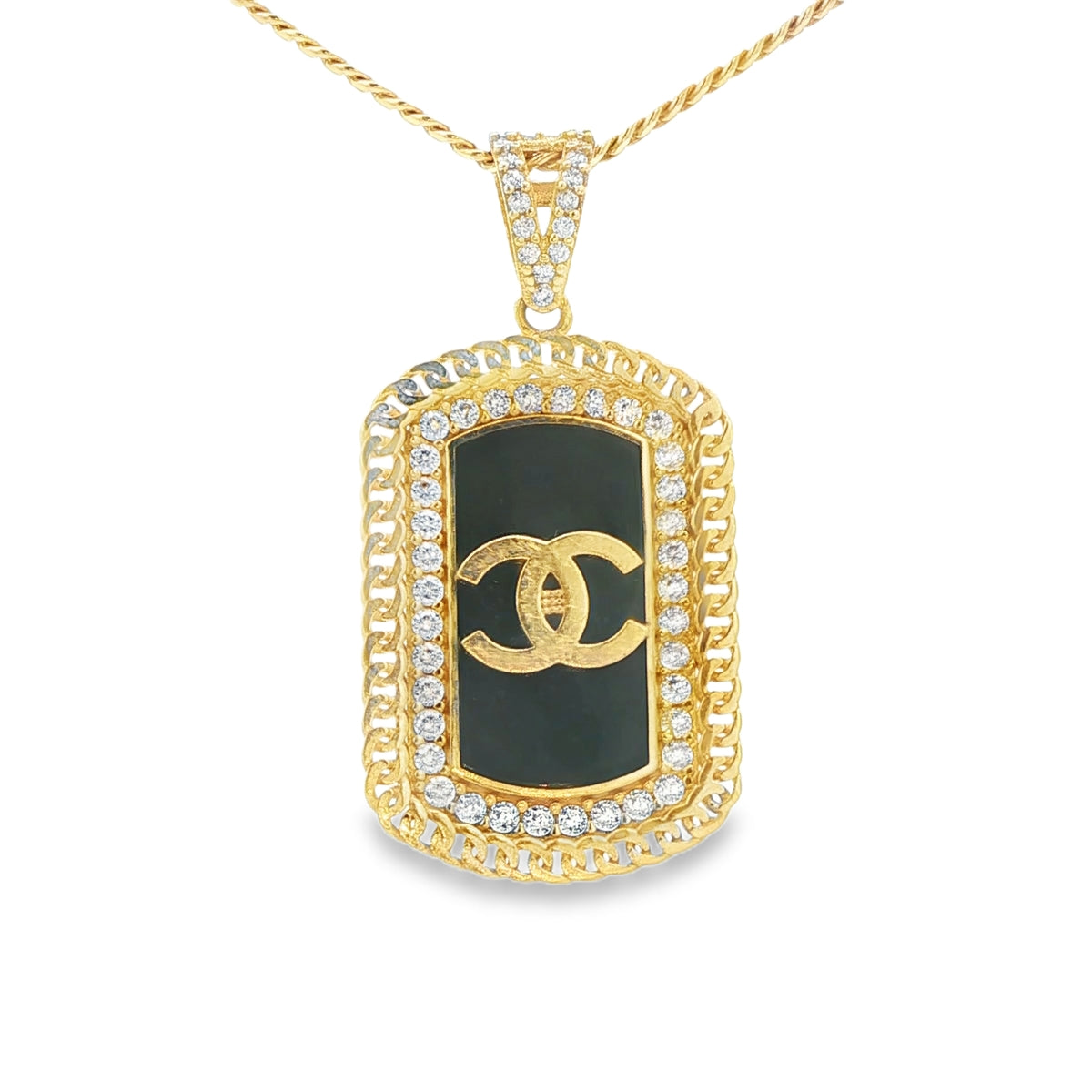 14K PENDENT 3.6G STYLE CHANEL PLAQUE CZ ONYX CUBAN